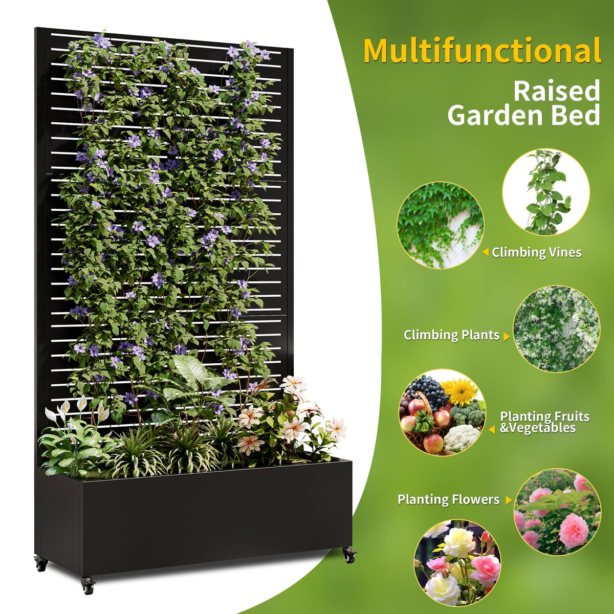 Metal Planter Box with Trellis - Raised Garden Bed with Wheels