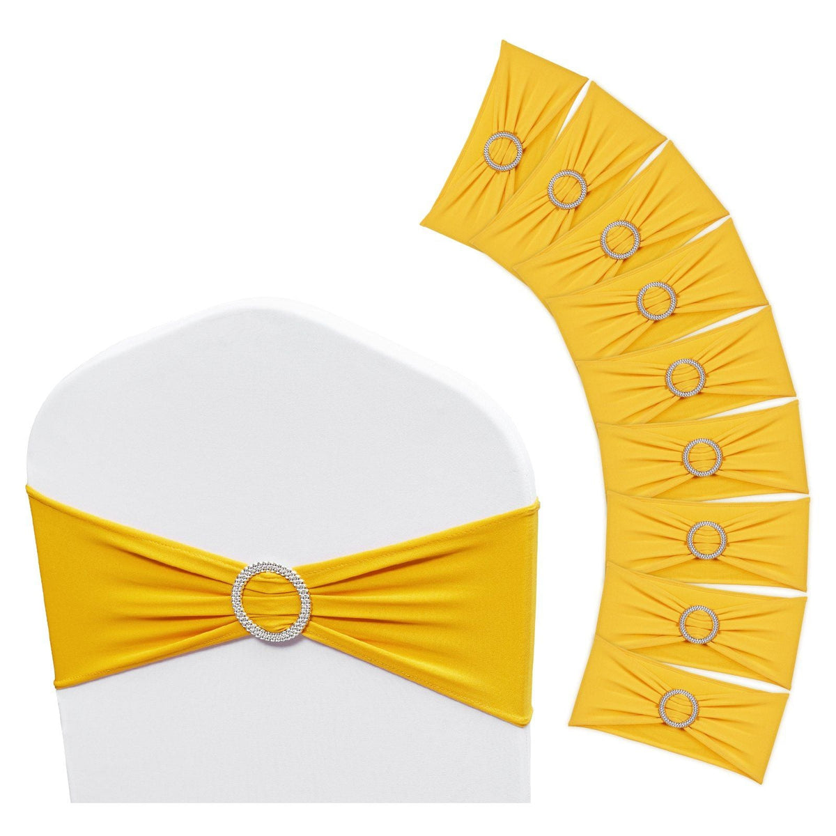 Stretch Spandex Chair Sashes, Chair Slipcover and Stretch Chair Sash with Round Buckle, Elastic Chair Bands, Fitting Wedding, Holiday, Banquet, Party Chair Decoration (50 PCS Golden Yellow)