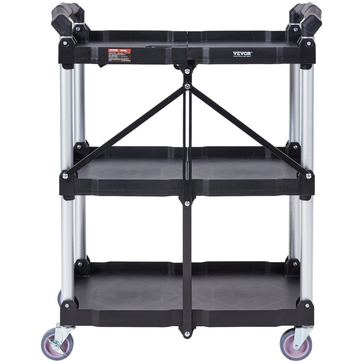Foldable Utility Service Cart, 3 Shelf 165LBS Heavy Duty Plastic Rolling Cart with Lockable Wheels, Ergonomic Handle, Portable Garage Tool Cart for Warehouse/Office/Home(25.62"x15.43"x32.76")