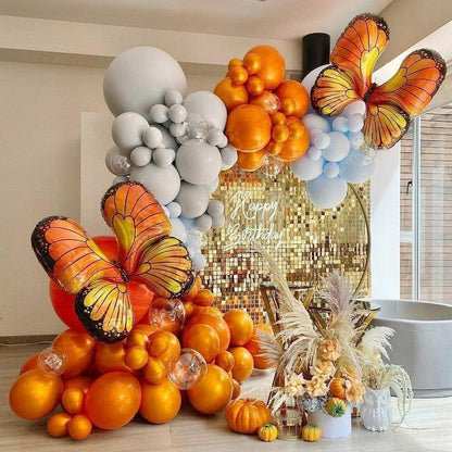 123Pcs Orange Gray Blue Butterflly Foil Helium Balloons Arch Garland Birthday Decorations For Baby Shower Gender Reveal Party Decorations Hallowen Decoration Butterfly Ballons