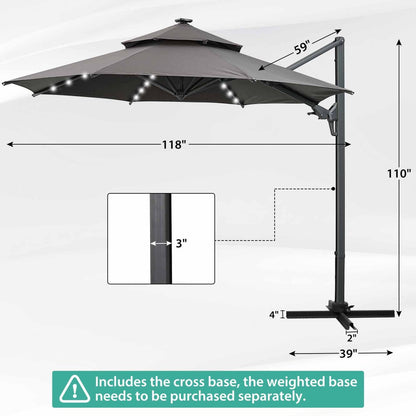 Ainfox 10ft Double Top Heavy-Duty Patio Cantilever Umbrella with lights and Cross Base,5-Year-Non-Fading Outdoor Large Offset Hanging Aluminum Rotation Sun Shade Solar Umbrella