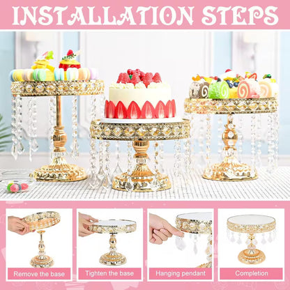 3-Piece Round Metal Cake Stand Set with Crystal Pendants Gold