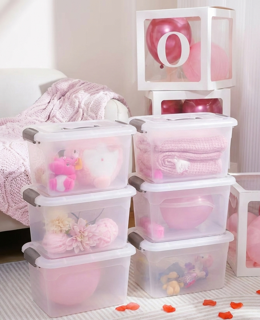 6PCS 8.5 Qt Clear Plastic Storage Boxes Stackable w Lock Lid & Handle