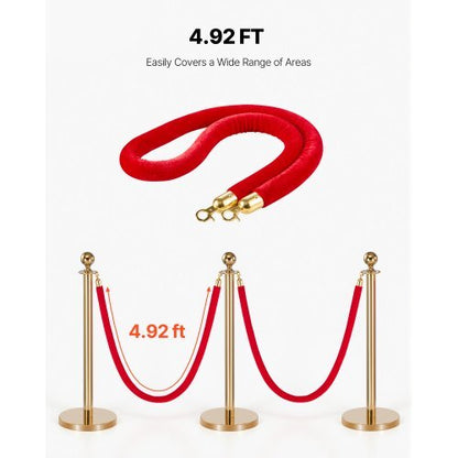 2 Pcs Red Velvet Stanchion Ropes, 5 ft Crowd Control Stanchion Red Velvet Ropes with Gold Hooks, Post Queue Barrier Carpet Rope for Carpet Events Movie Theaters Grand Openings Hotels Party