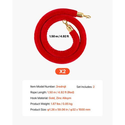 2 Pcs Red Velvet Stanchion Ropes, 5 ft Crowd Control Stanchion Red Velvet Ropes with Gold Hooks, Post Queue Barrier Carpet Rope for Carpet Events Movie Theaters Grand Openings Hotels Party