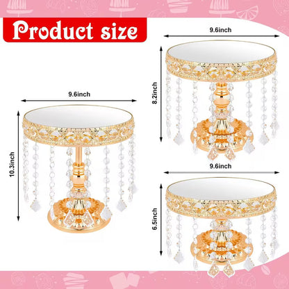 3-Piece Round Metal Cake Stand Set with Crystal Pendants Gold