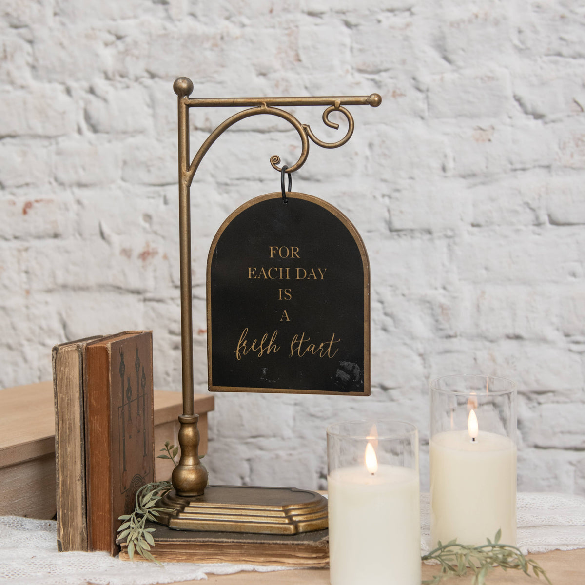 BLACK & GOLD HANGING SIGN ON STAND