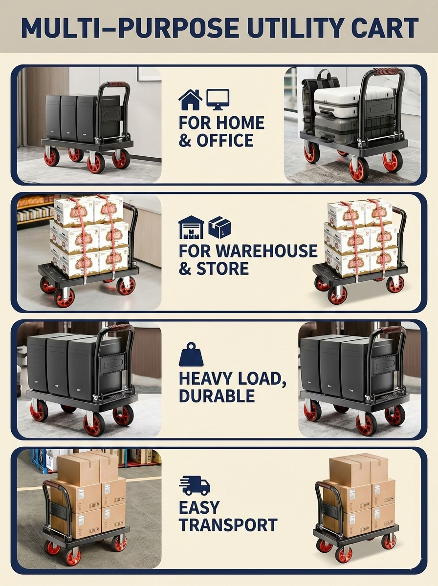 Heavy Duty Folding Platform Cart-350/660/820 lb-Flatbed Hand Truck with Strap