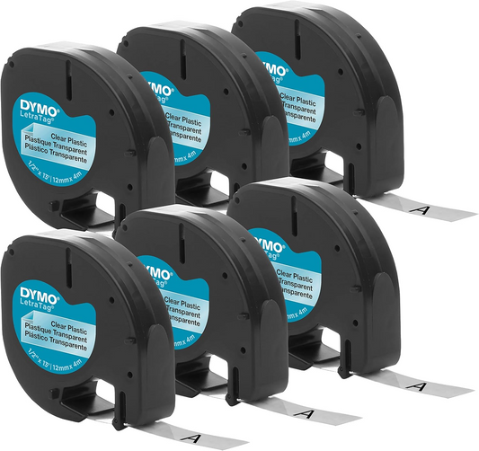 DYMO Authentic LT Plastic Labeling Tape for LetraTag Label Makers, 1/2" (12mm), Black Print On Clear Tape, 6-Pack