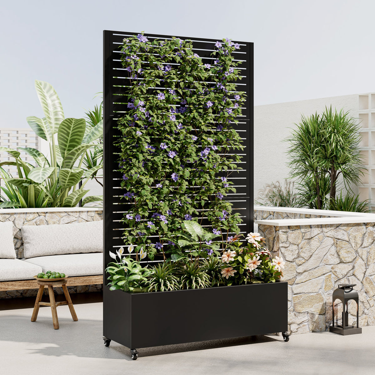 Metal Planter Box with Trellis - Raised Garden Bed with Wheels