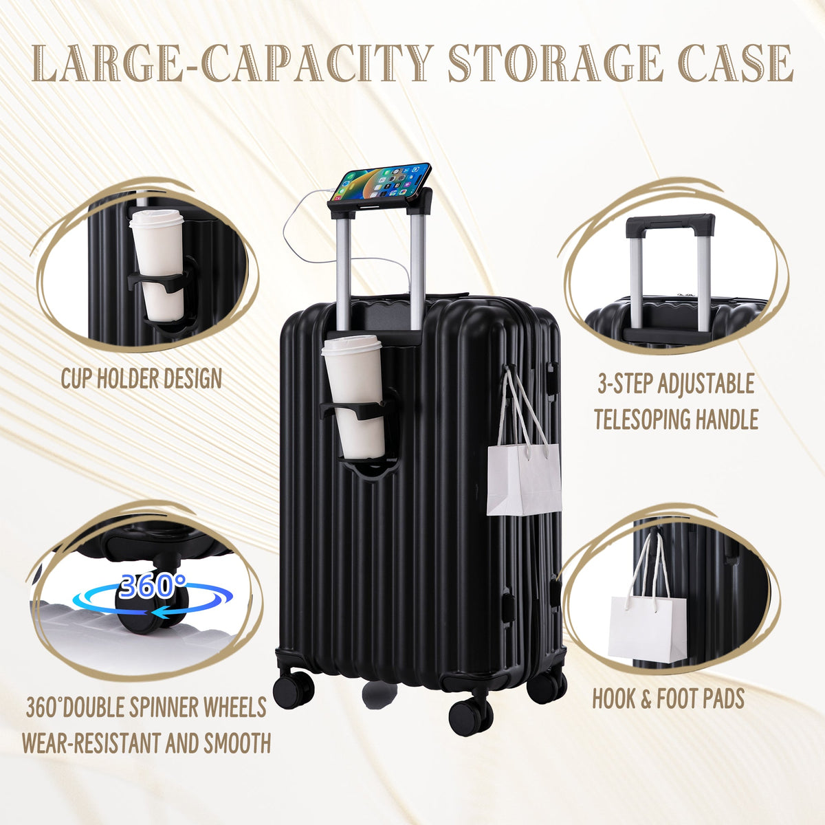3 Piece ABS Spinner Wheel Luggage Set in Black