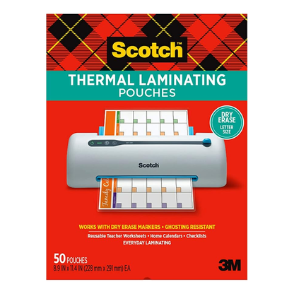 Scotch Dry Erase Thermal Laminating Pouches – 50 Pack, Letter Size Reusable Worksheet & Classroom Laminating Sheets