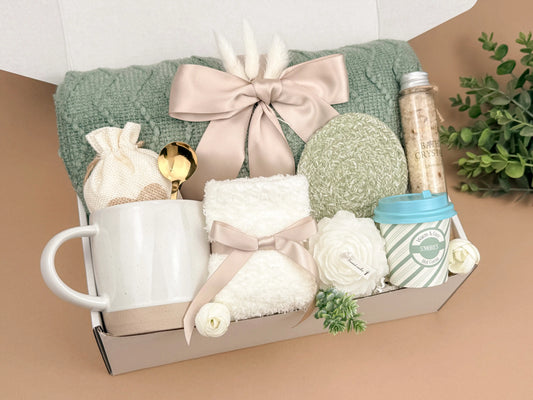 Luxury Gift Boxes – Soft Sage Blanket, Candle & Tea Set