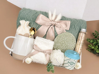 Luxury Gift Boxes – Soft Sage Blanket, Candle & Tea Set