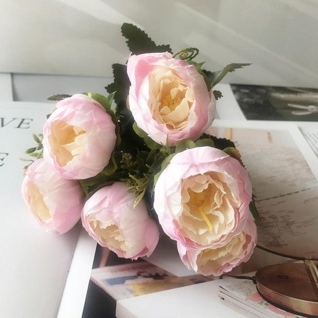 Beautiful Rose Peony Artificial Silk Eucalyptus Fake Flowers Small bouquet Flores Home Party Spring Wedding Decoration Artificial Silk Rose Flower Bouquet Lifelike Fake Rose for Wedding Home Party Decoration Event Gift