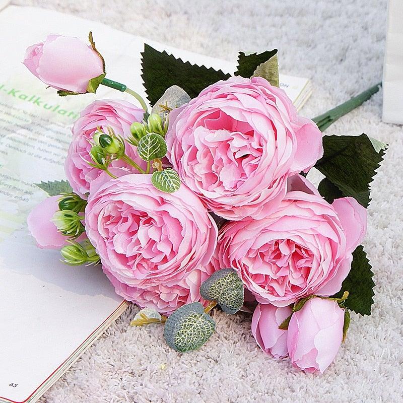 Beautiful Rose Peony Artificial Silk Eucalyptus Fake Flowers Small bouquet Flores Home Party Spring Wedding Decoration Artificial Silk Rose Flower Bouquet Lifelike Fake Rose for Wedding Home Party Decoration Event Gift