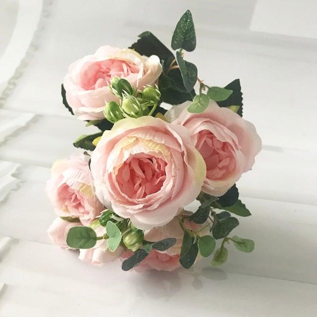 Beautiful Rose Peony Artificial Silk Eucalyptus Fake Flowers Small bouquet Flores Home Party Spring Wedding Decoration Artificial Silk Rose Flower Bouquet Lifelike Fake Rose for Wedding Home Party Decoration Event Gift
