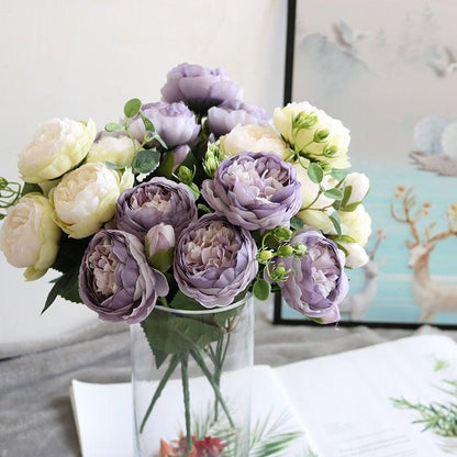 Beautiful Rose Peony Artificial Silk Eucalyptus Fake Flowers Small bouquet Flores Home Party Spring Wedding Decoration Artificial Silk Rose Flower Bouquet Lifelike Fake Rose for Wedding Home Party Decoration Event Gift