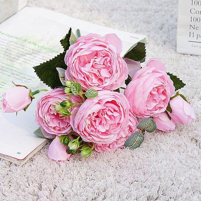 Beautiful Rose Peony Artificial Silk Eucalyptus Fake Flowers Small bouquet Flores Home Party Spring Wedding Decoration Artificial Silk Rose Flower Bouquet Lifelike Fake Rose for Wedding Home Party Decoration Event Gift