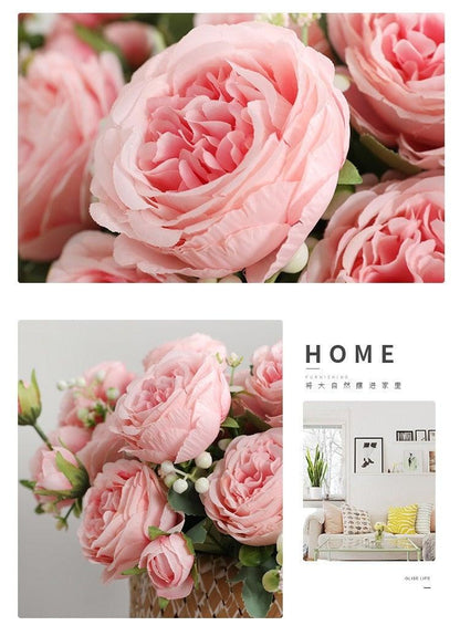 Beautiful Rose Peony Artificial Silk Eucalyptus Fake Flowers Small bouquet Flores Home Party Spring Wedding Decoration Artificial Silk Rose Flower Bouquet Lifelike Fake Rose for Wedding Home Party Decoration Event Gift