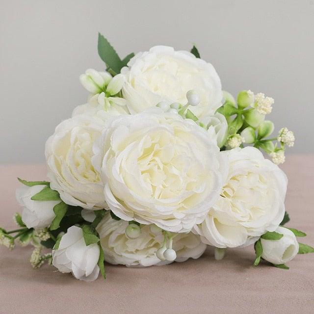 Beautiful Rose Peony Artificial Silk Eucalyptus Fake Flowers Small bouquet Flores Home Party Spring Wedding Decoration Artificial Silk Rose Flower Bouquet Lifelike Fake Rose for Wedding Home Party Decoration Event Gift
