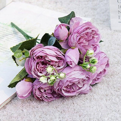 Beautiful Rose Peony Artificial Silk Eucalyptus Fake Flowers Small bouquet Flores Home Party Spring Wedding Decoration Artificial Silk Rose Flower Bouquet Lifelike Fake Rose for Wedding Home Party Decoration Event Gift