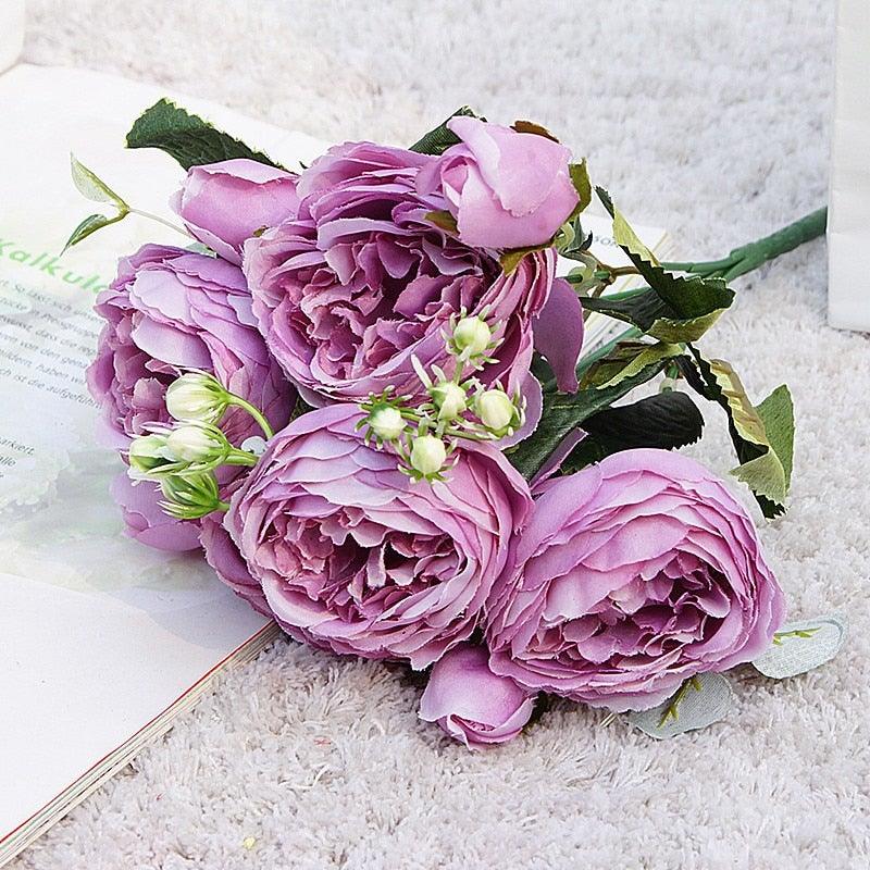 Beautiful Rose Peony Artificial Silk Eucalyptus Fake Flowers Small bouquet Flores Home Party Spring Wedding Decoration Artificial Silk Rose Flower Bouquet Lifelike Fake Rose for Wedding Home Party Decoration Event Gift