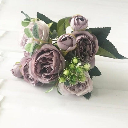 Beautiful Rose Peony Artificial Silk Eucalyptus Fake Flowers Small bouquet Flores Home Party Spring Wedding Decoration Artificial Silk Rose Flower Bouquet Lifelike Fake Rose for Wedding Home Party Decoration Event Gift