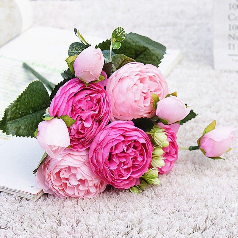 Beautiful Rose Peony Artificial Silk Eucalyptus Fake Flowers Small bouquet Flores Home Party Spring Wedding Decoration Artificial Silk Rose Flower Bouquet Lifelike Fake Rose for Wedding Home Party Decoration Event Gift