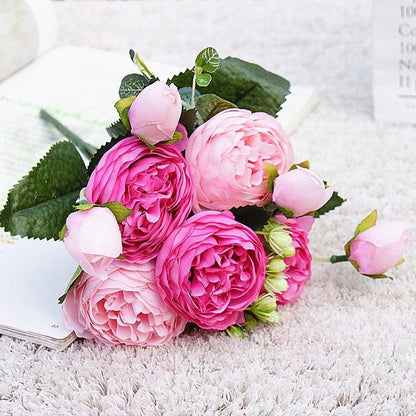 Beautiful Rose Peony Artificial Silk Eucalyptus Fake Flowers Small bouquet Flores Home Party Spring Wedding Decoration Artificial Silk Rose Flower Bouquet Lifelike Fake Rose for Wedding Home Party Decoration Event Gift