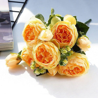 Beautiful Rose Peony Artificial Silk Eucalyptus Fake Flowers Small bouquet Flores Home Party Spring Wedding Decoration Artificial Silk Rose Flower Bouquet Lifelike Fake Rose for Wedding Home Party Decoration Event Gift