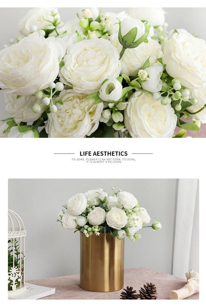 Beautiful Rose Peony Artificial Silk Eucalyptus Fake Flowers Small bouquet Flores Home Party Spring Wedding Decoration Artificial Silk Rose Flower Bouquet Lifelike Fake Rose for Wedding Home Party Decoration Event Gift