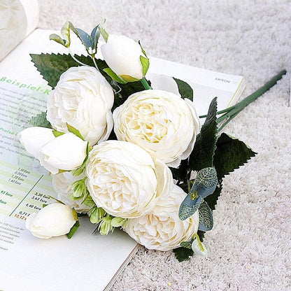 Beautiful Rose Peony Artificial Silk Eucalyptus Fake Flowers Small bouquet Flores Home Party Spring Wedding Decoration Artificial Silk Rose Flower Bouquet Lifelike Fake Rose for Wedding Home Party Decoration Event Gift