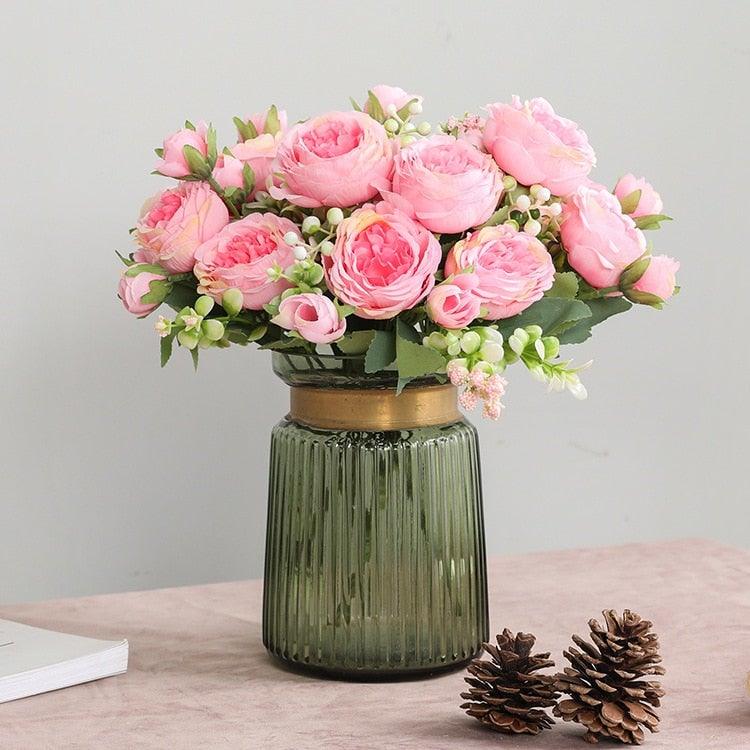 Beautiful Rose Peony Artificial Silk Eucalyptus Fake Flowers Small bouquet Flores Home Party Spring Wedding Decoration Artificial Silk Rose Flower Bouquet Lifelike Fake Rose for Wedding Home Party Decoration Event Gift