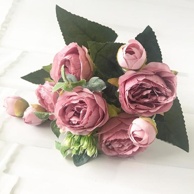Beautiful Rose Peony Artificial Silk Eucalyptus Fake Flowers Small bouquet Flores Home Party Spring Wedding Decoration Artificial Silk Rose Flower Bouquet Lifelike Fake Rose for Wedding Home Party Decoration Event Gift