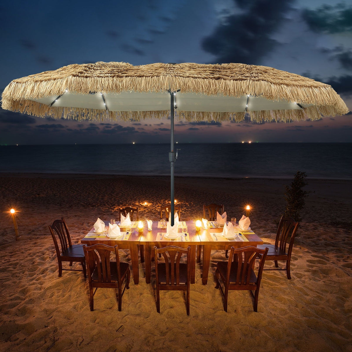 Ainfox 13ft Large Thatched Tiki Patio Umbrella with Solar LED Lights, Outdoor Heavy-Duty Double-Sided Rectangle Market Umbrella for Garden, Deck, Backyard, Pool, Beach