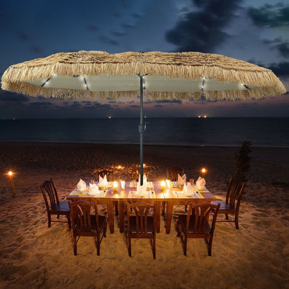 Ainfox 13ft Large Thatched Tiki Patio Umbrella with Solar LED Lights, Outdoor Heavy-Duty Double-Sided Rectangle Market Umbrella for Garden, Deck, Backyard, Pool, Beach