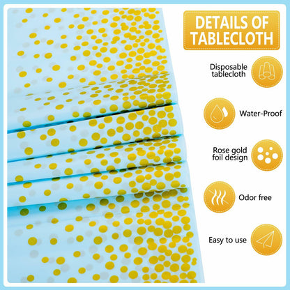 WDF 16Pack Blue Gold Plastic Tablecloths 54x108in & Runners 12x108in