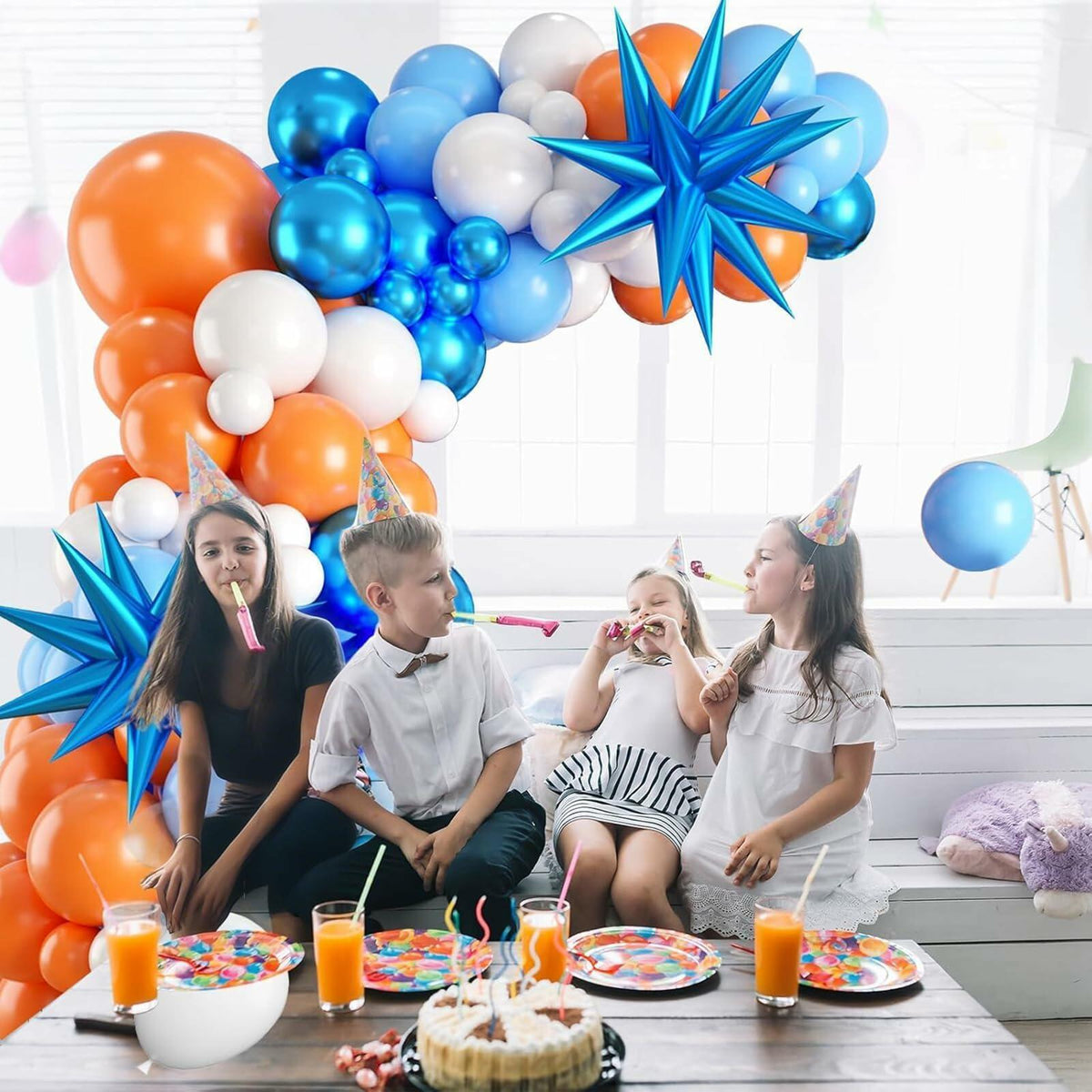 Sowide Orange Blue White Balloon Garland Arch Kit with Star Foil Balloons